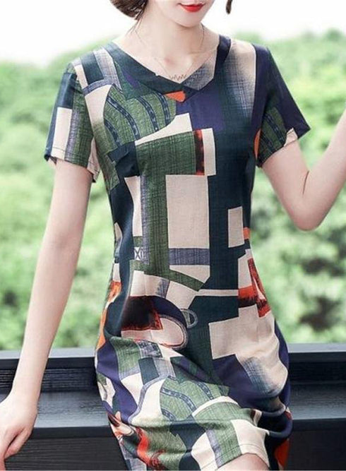 Jazzy Elegant Geometric Design V-Neck Short Sleeve A-Line Casual & Office Midi Dress